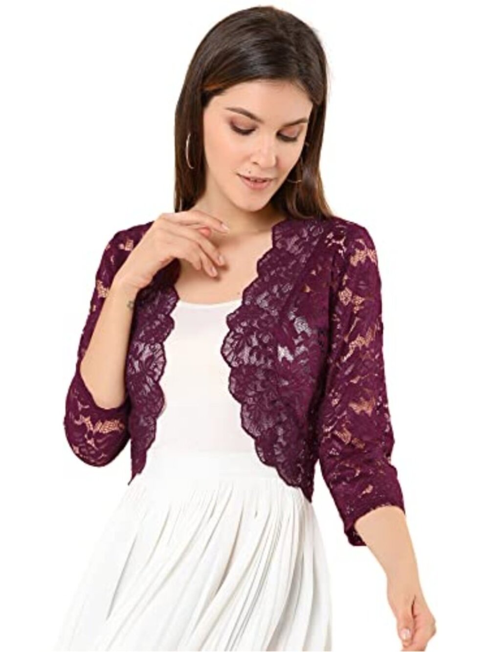 Sheer Floral Lace Shrug, 3/4 Sleeve Open Front Bolero, Women's Elegant Topper,